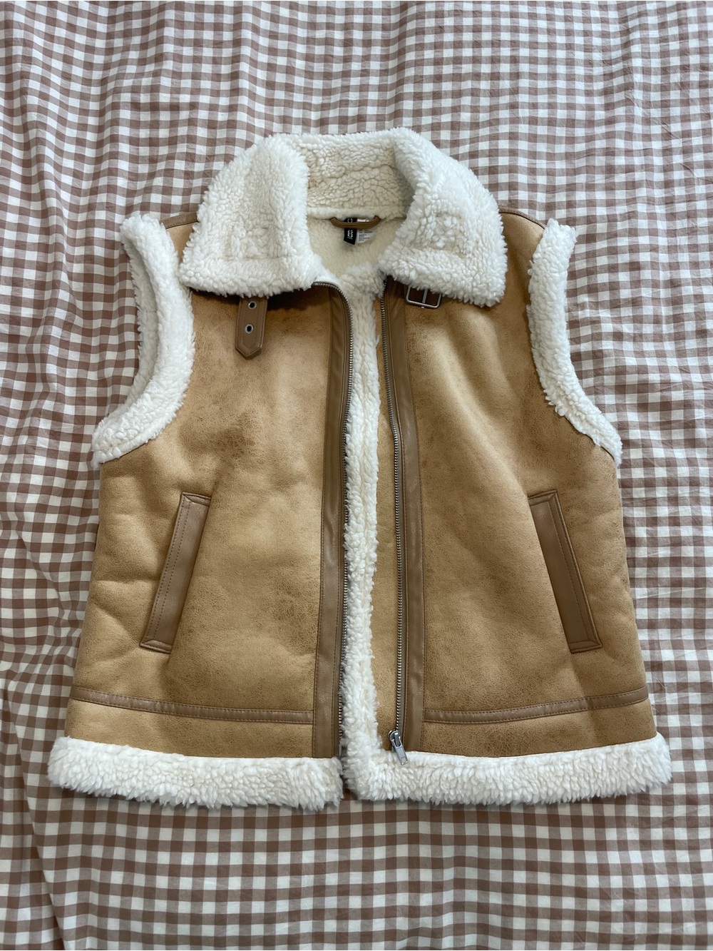 H&M Tan Faux-Shearling Vest with Cream Trim